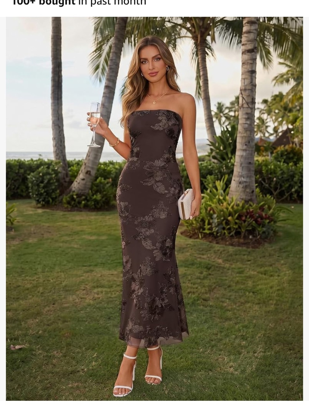 Strapless Floral Lace Midi Dress in Chocolate Brown